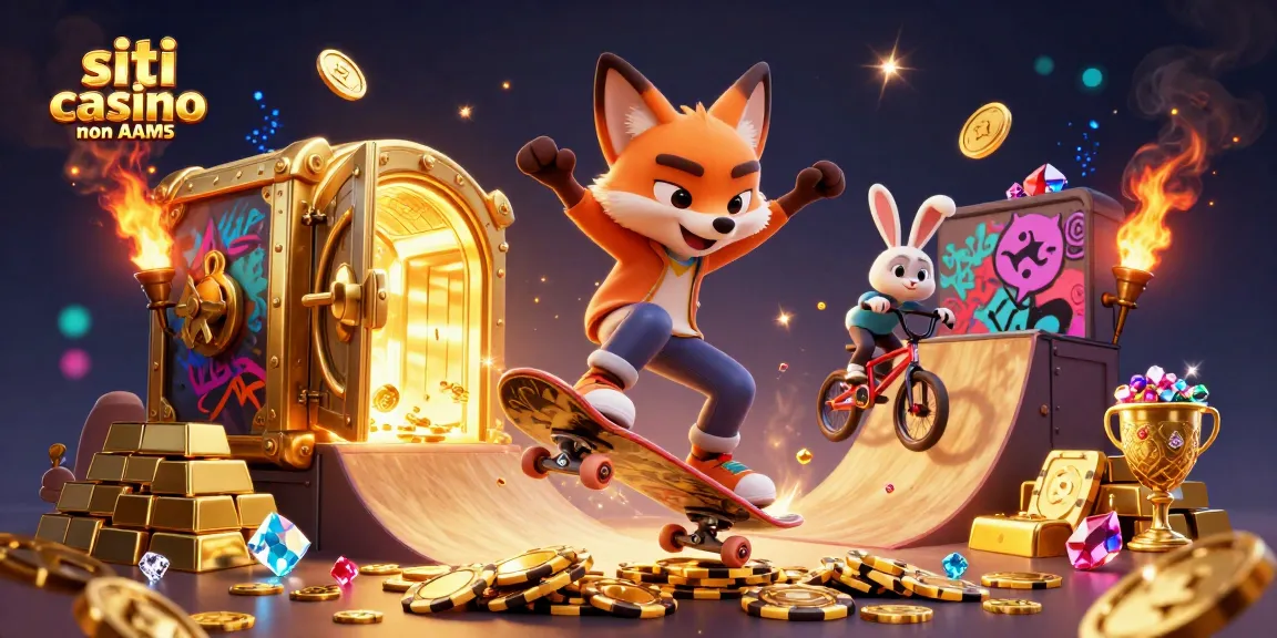 Gioca sui siti casino non AAMS con lo skateboard e un coniglio BMX in un'illustrazione vibrante.