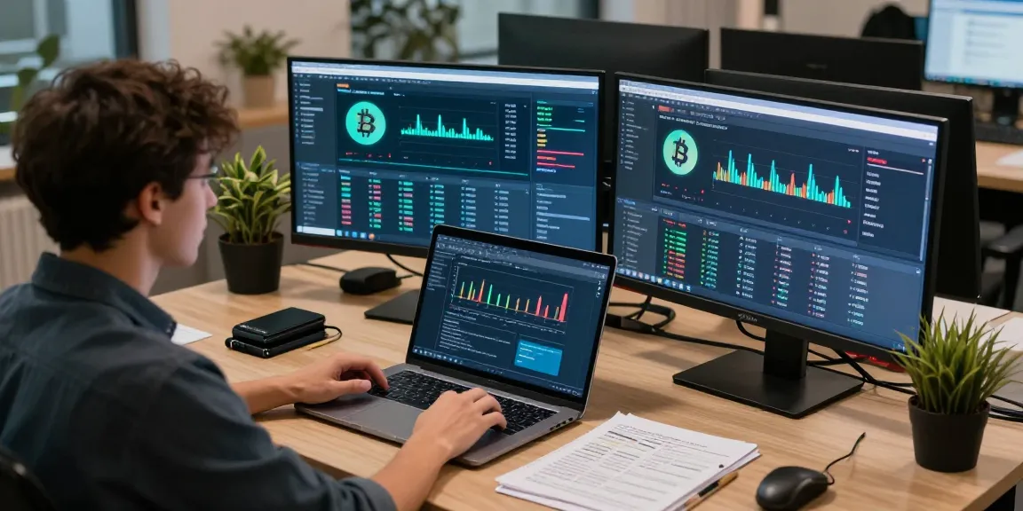 Automated bitcoin mining analysis in a professional crypto workspace with advanced technology interfaces and security measures.