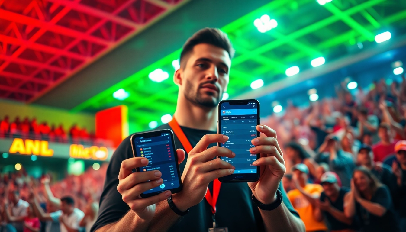 Engaged sports betting in Alabama enthusiast checking odds on a smartphone in a dynamic sports arena.