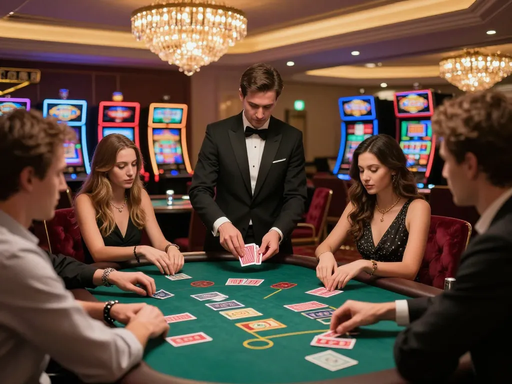 TG88 blackjack game action with players focused on their hands at an upscale casino table, creating a thrilling atmosphere.
