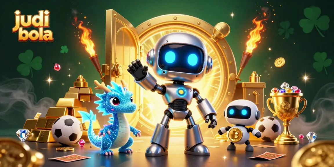 Immerse in judi bola action with vibrant robots, sports symbols, and dazzling treasures.