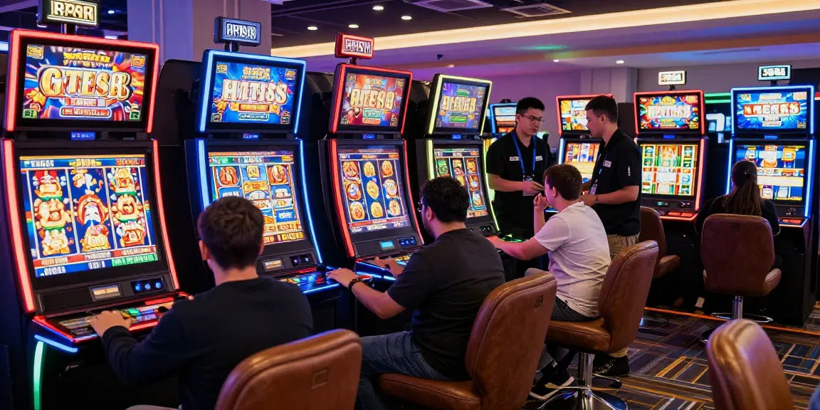Exciting slot88 gaming environment with players enjoying vibrant slot machines and interactive staff.