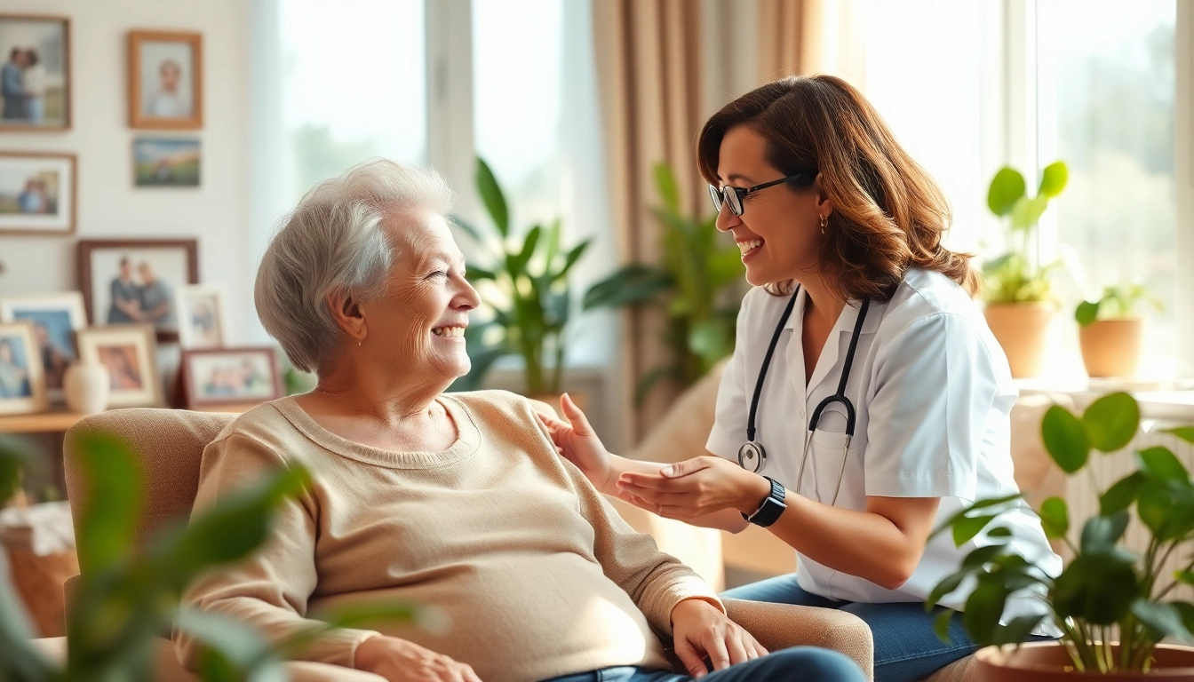 Providing in home respite care, a caregiver engages happily with an elderly client in a sunny room.