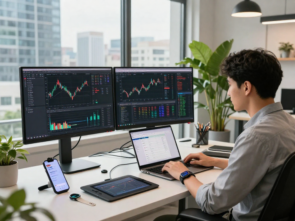 Developer analyzing TWSE stock real-time API data in a modern fintech workspace.