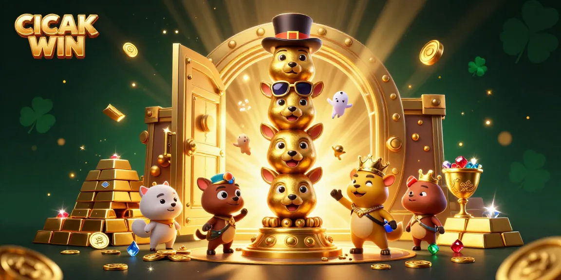 CICAK WIN showcases a vibrant casino experience with treasure elements and a totem pole of cartoon animal faces.