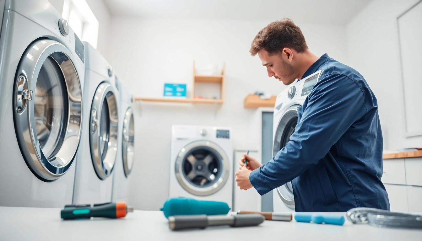 Expert performing washer dryer repair near me in a well-lit laundry room setting.