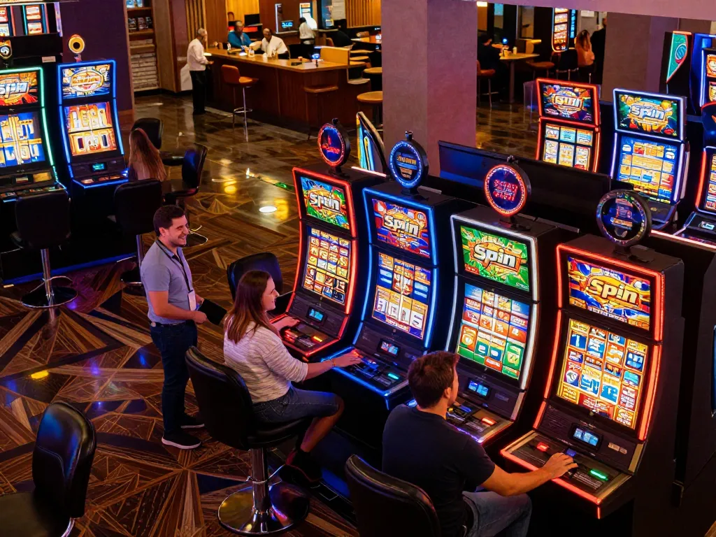 The excitement of players trying their luck on slot deposit 2rb machines in a vibrant casino.