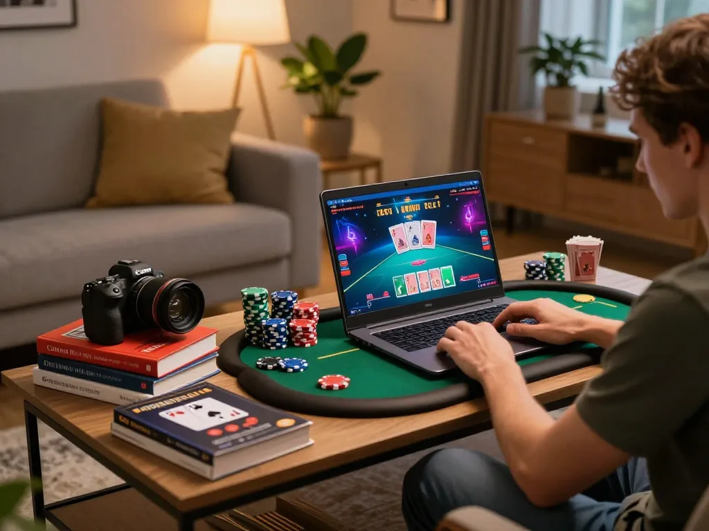 N188 player engaging in online poker gaming, focused on winning strategy while enjoying a cozy home atmosphere.
