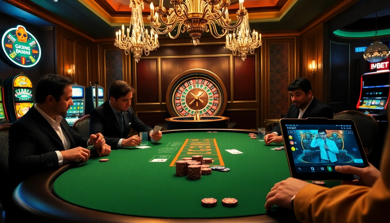 I9BET players strategizing at a high-stakes poker table with luxury casino ambiance.