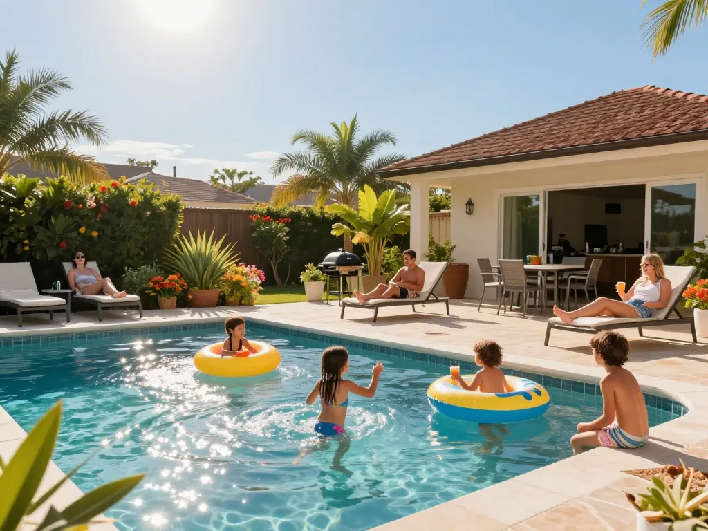 Dolphin Pool Services enhancing family fun in a sunny backyard pool.