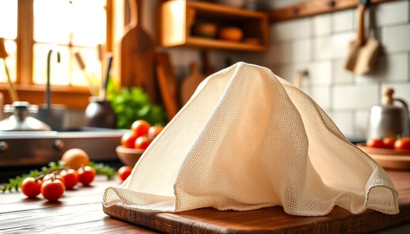 Kaasdoek zorgvuldig neergelegd in een gezellige keuken, perfect voor culinaire toepassingen.