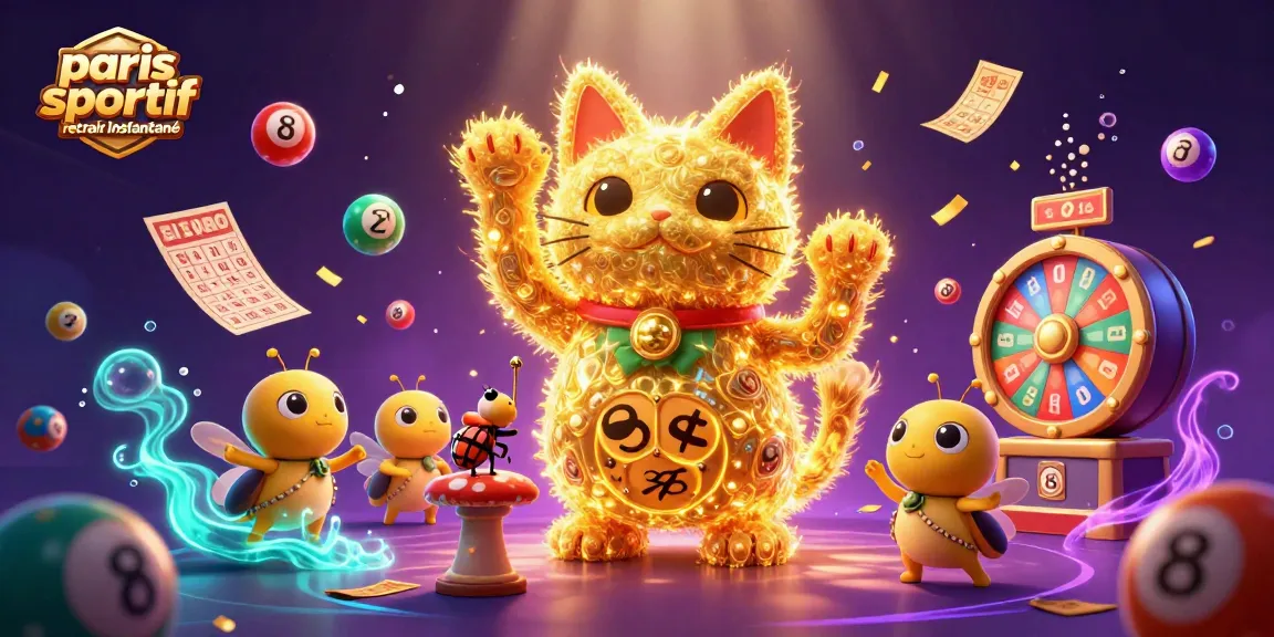 Retrait instantané paris sportif avec un chat chanceux animé et des éléments de jackpot colorés.