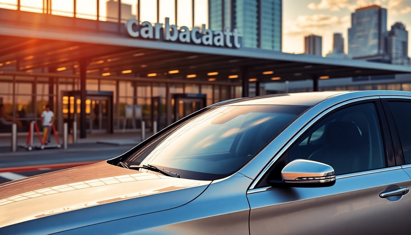 LGA car service available with a luxury sedan parked at the airport terminal.