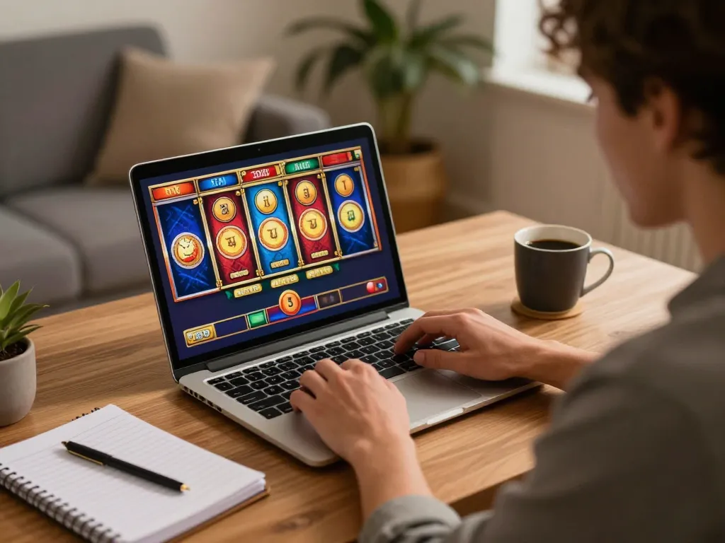 Player spins demo slot reels on laptop in a cozy home setting, showcasing vibrant online gaming.