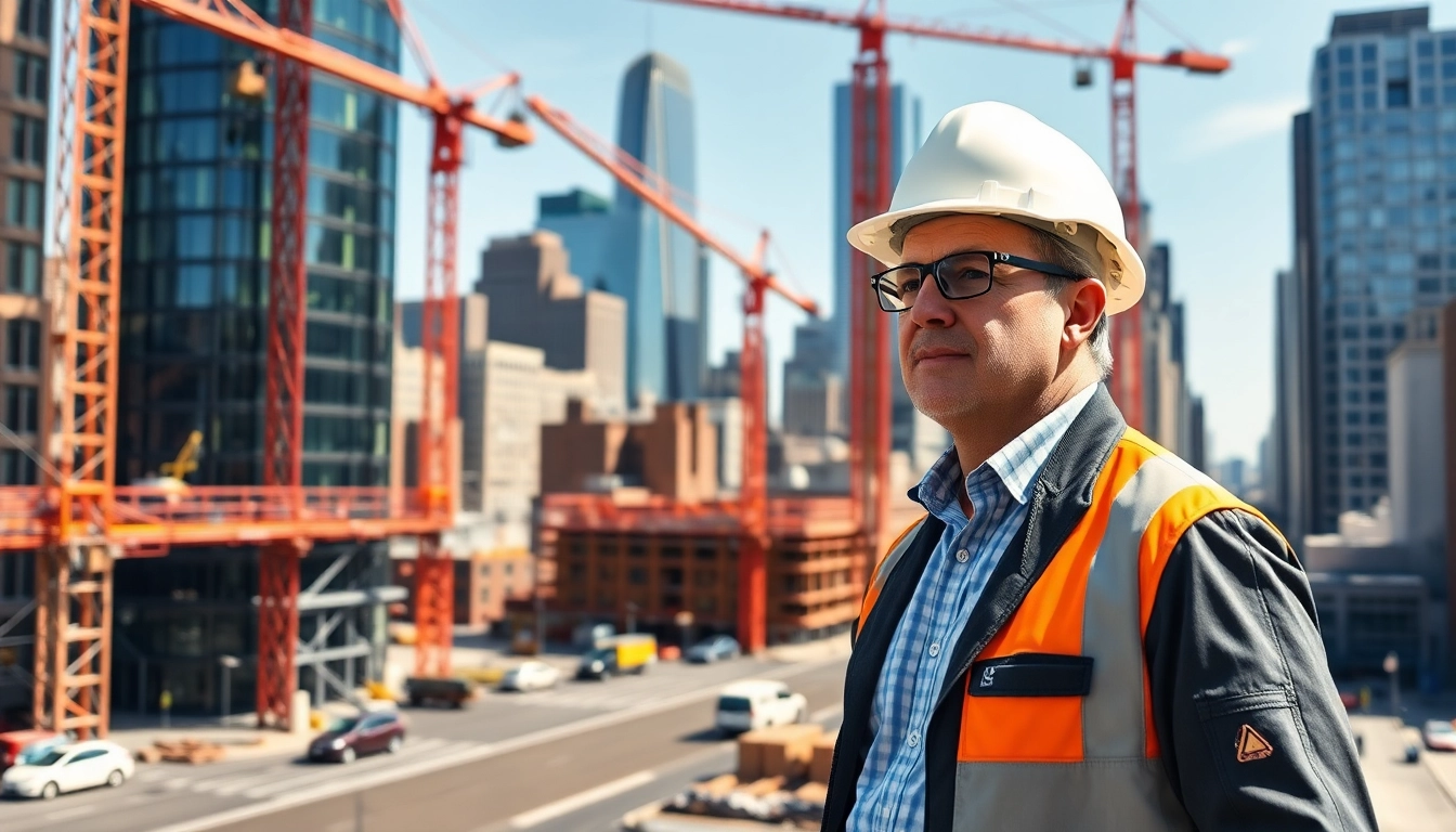New York City Construction Manager overseeing a dynamic construction site in Manhattan.