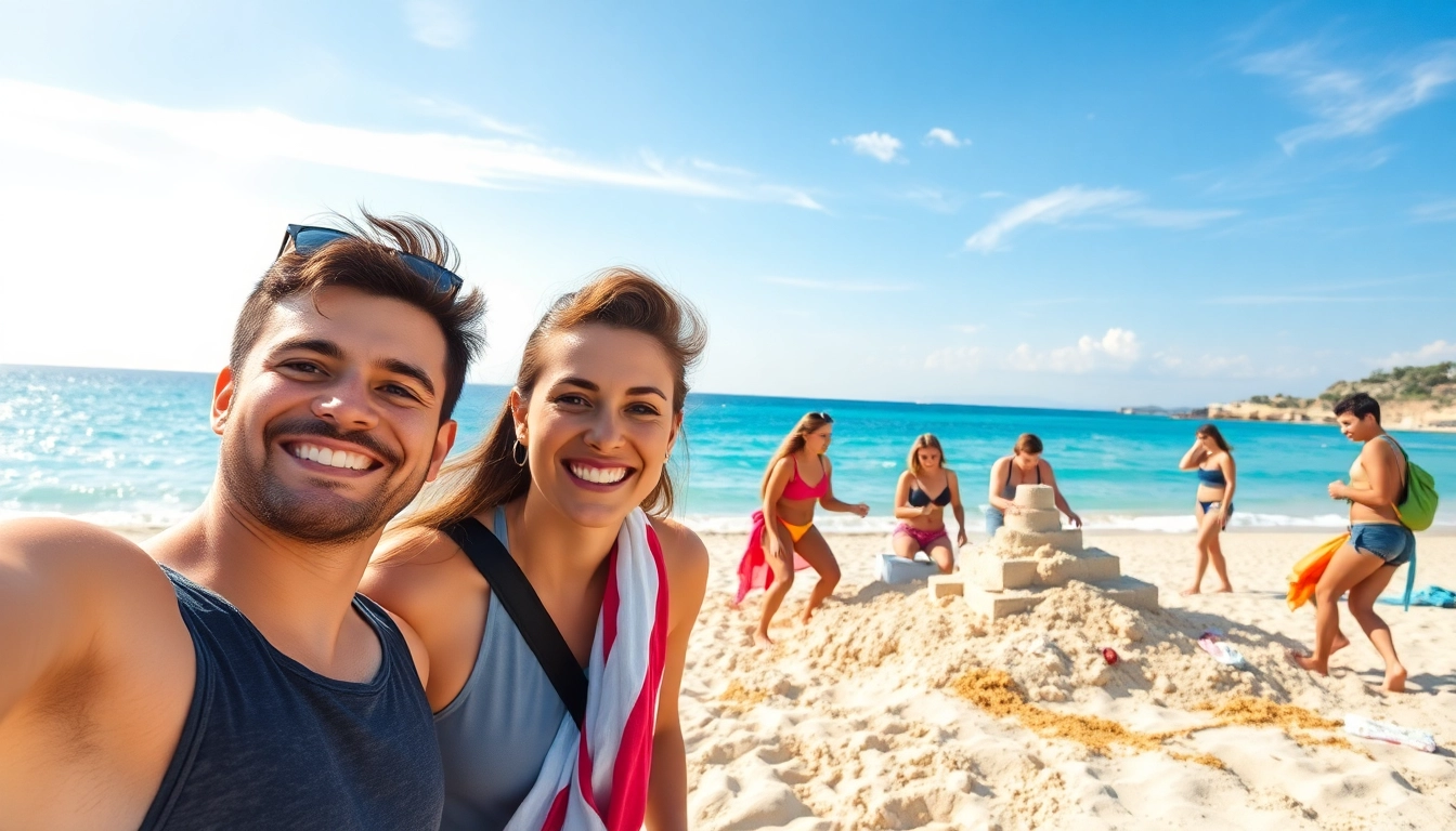 Travelers enjoying a sunny beach day at https://travelvixta.com, creating joyful memories.