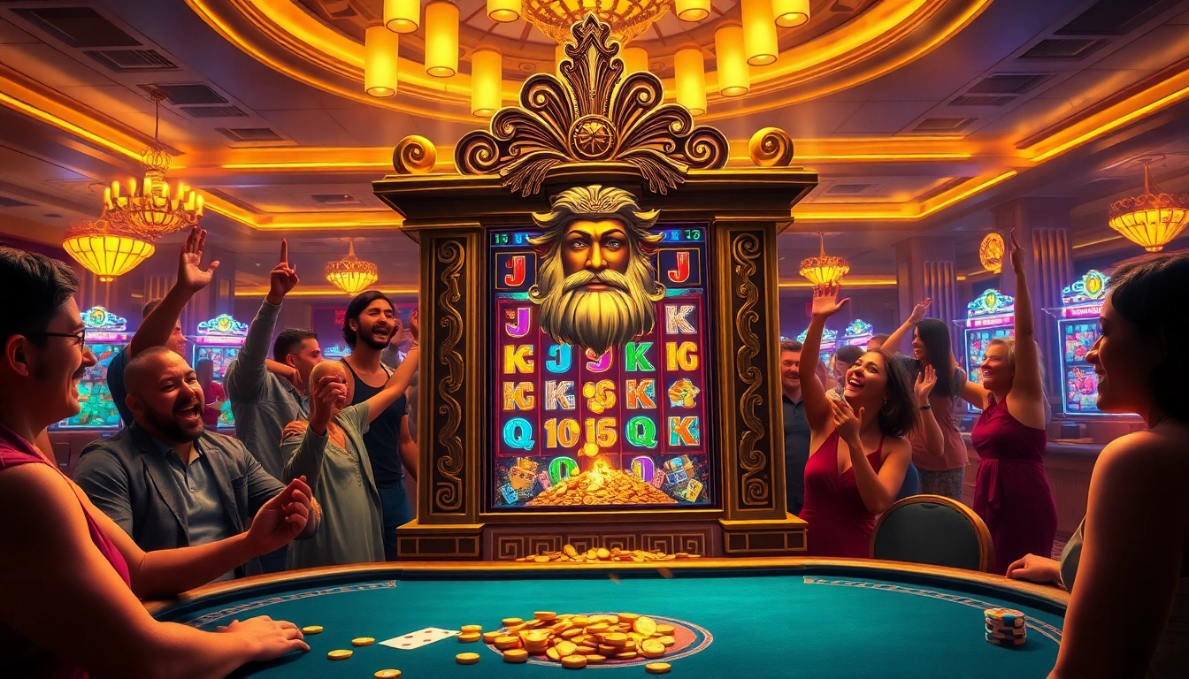 Menang di mesin slot Zeus dalam suasana kasino yang hidup penuh pemain gembira.