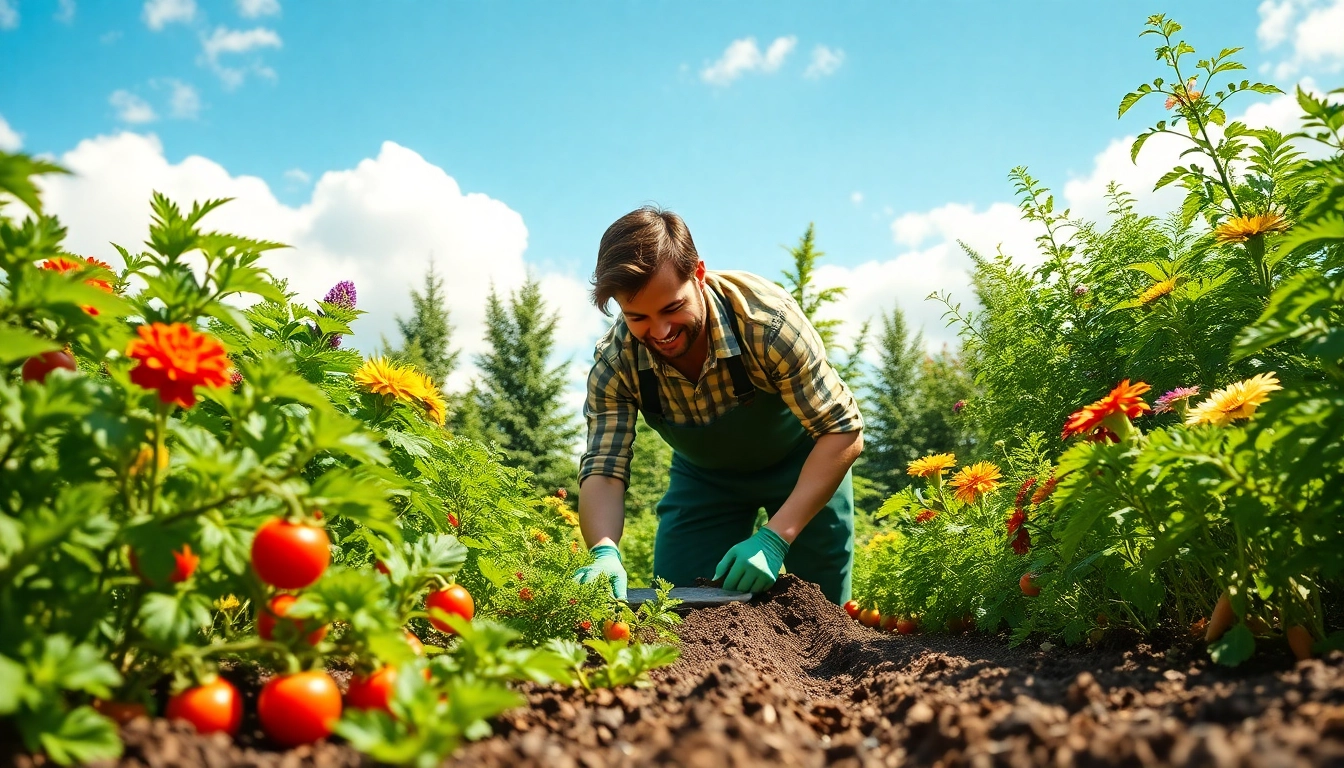 Engaging Gardening scene featuring a lush vegetable garden with vibrant greenery and colorful flowers.
