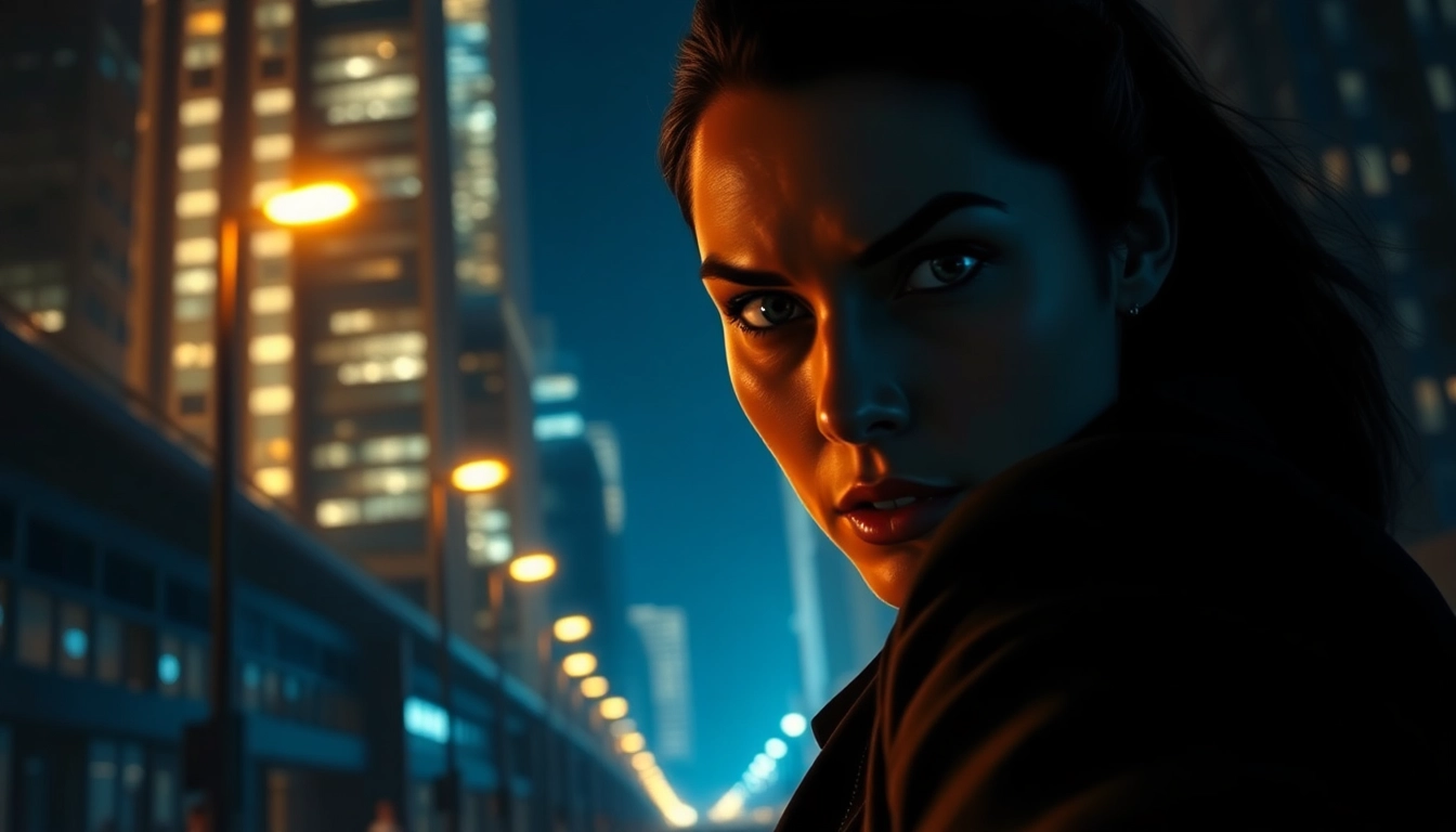 Strong female protagonist in a suspenseful clean thriller urban scene, exuding determination and intrigue.