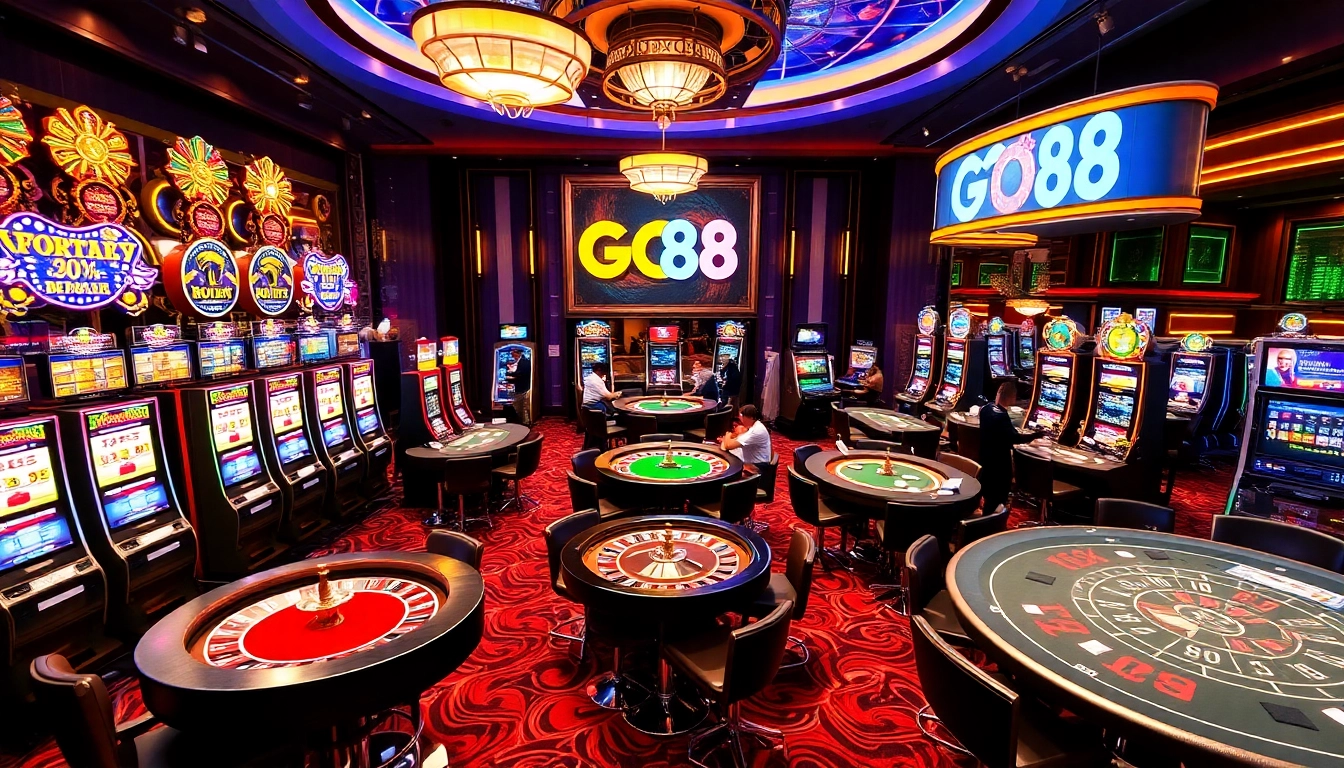 Experience the thrill of GO88's gaming floor with vibrant slot machines, poker tables, and dynamic casino action.