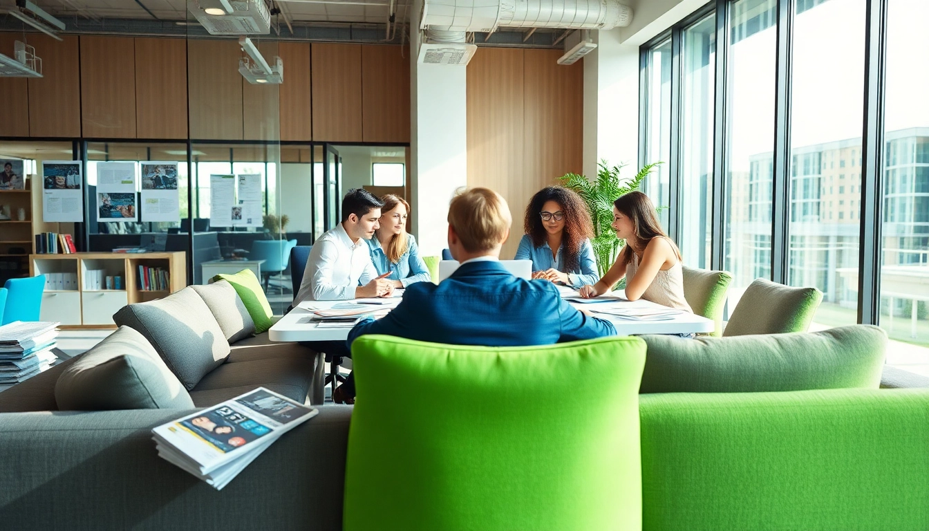 Marketing team discussing Apex Direct Mail strategies amidst vibrant creative materials.