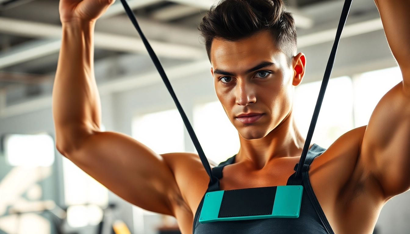 Individual performing pull-up using a pull-up assist band in a bright gym.