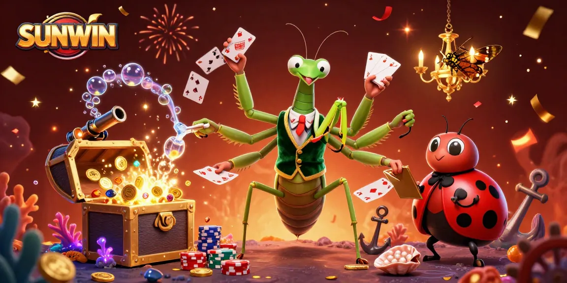 SUNWIN presents a colorful casino scene with a giant praying mantis and ladybug dealer, surrounded by gaming treasures.