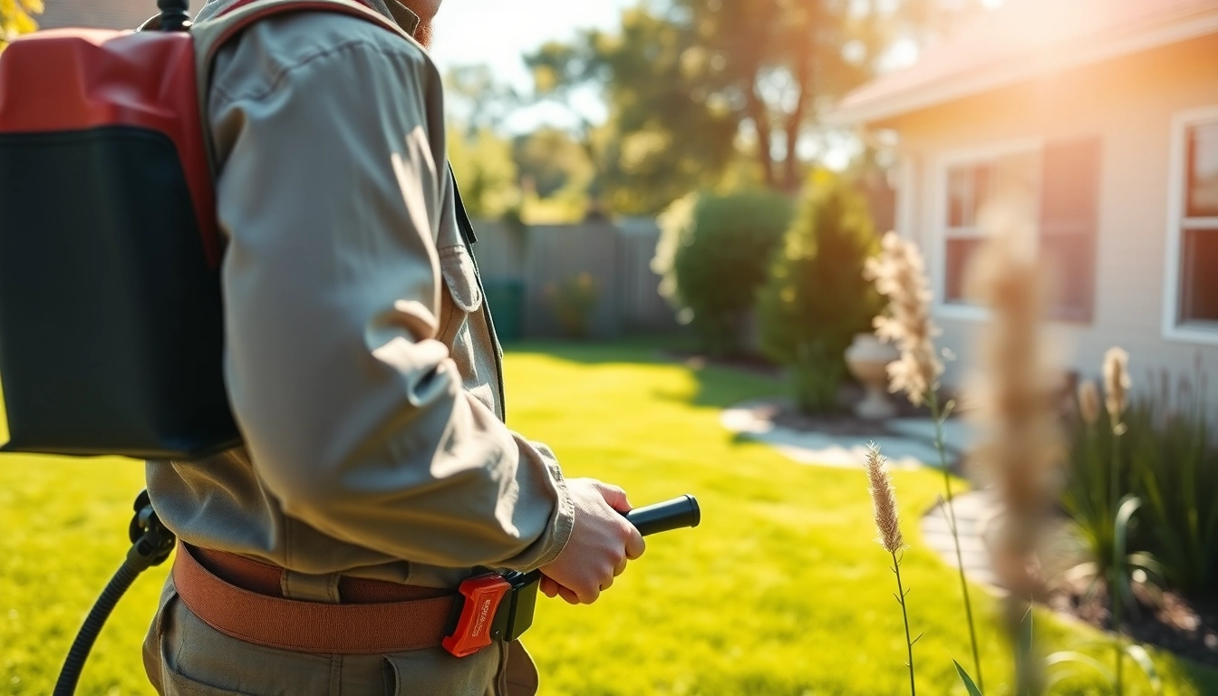 Expert conducting fast pest control near me with professional equipment in a well-lit backyard.