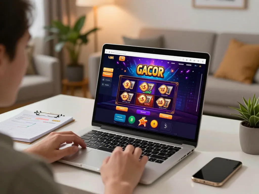 SLOT GACOR game interface displayed on a laptop while a player reviews strategy notes.