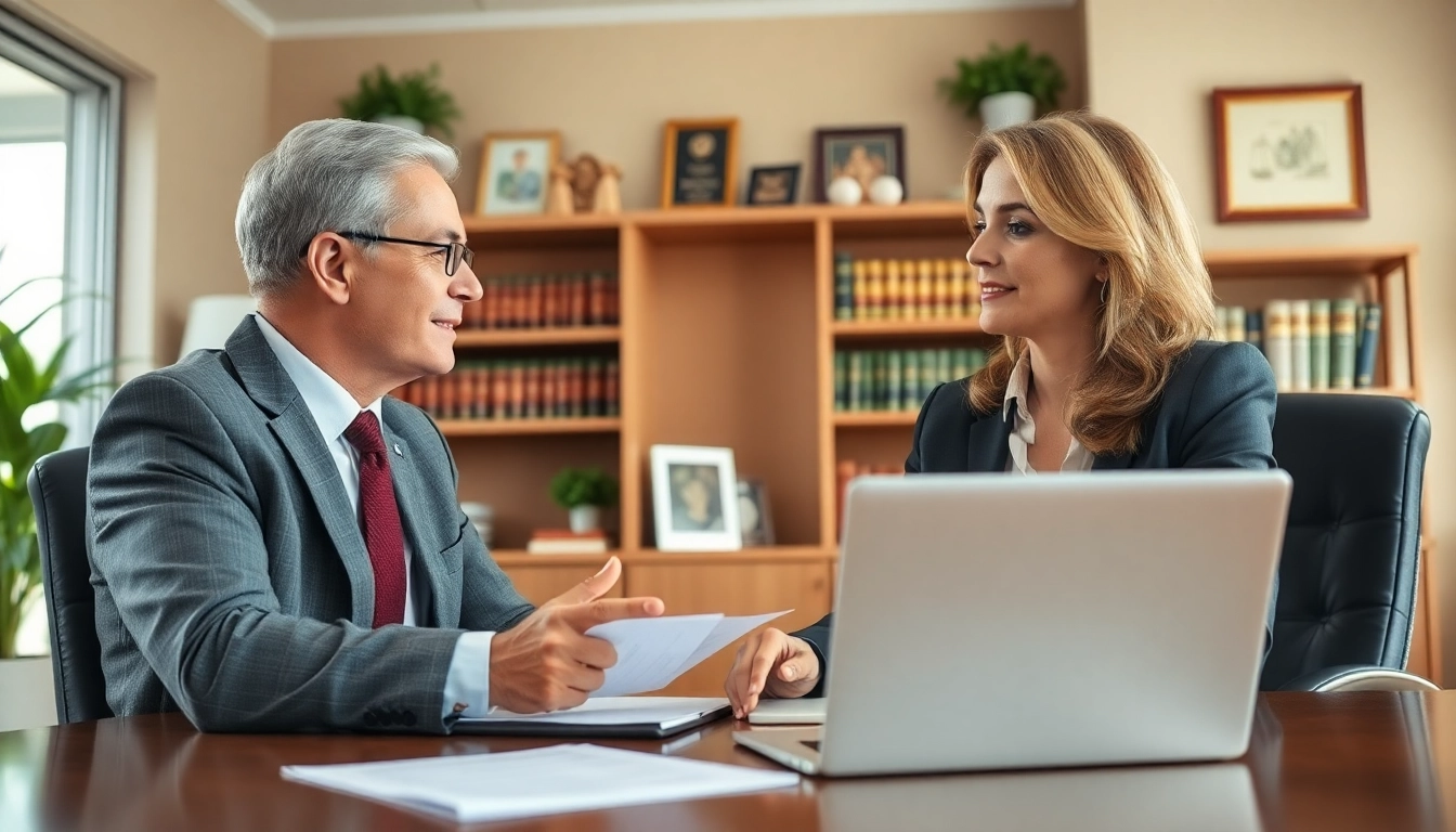 Palm Harbor Family Lawyer consulting with a client in a warm, inviting office space.