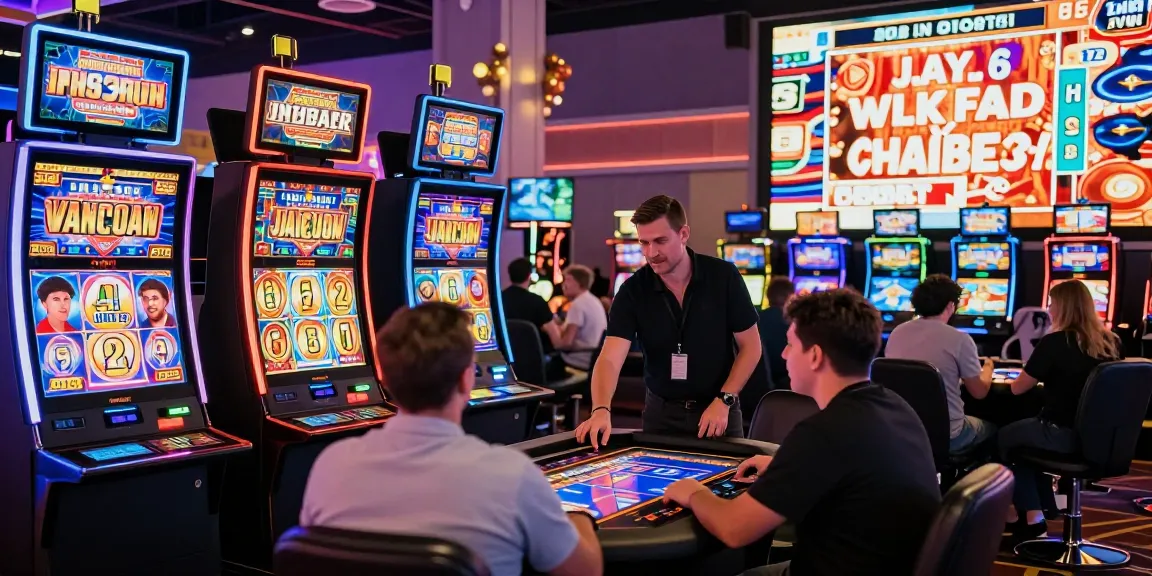 Players enjoying slot machines at a lively casino, showcasing excitement and energy.