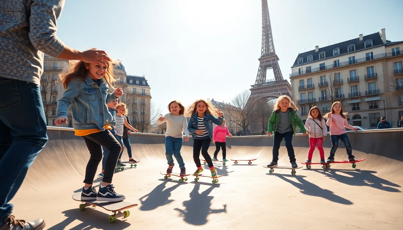 Enseignement de l'Ecole de skateboard Paris avec des enfants prenant des cours sous le soleil.