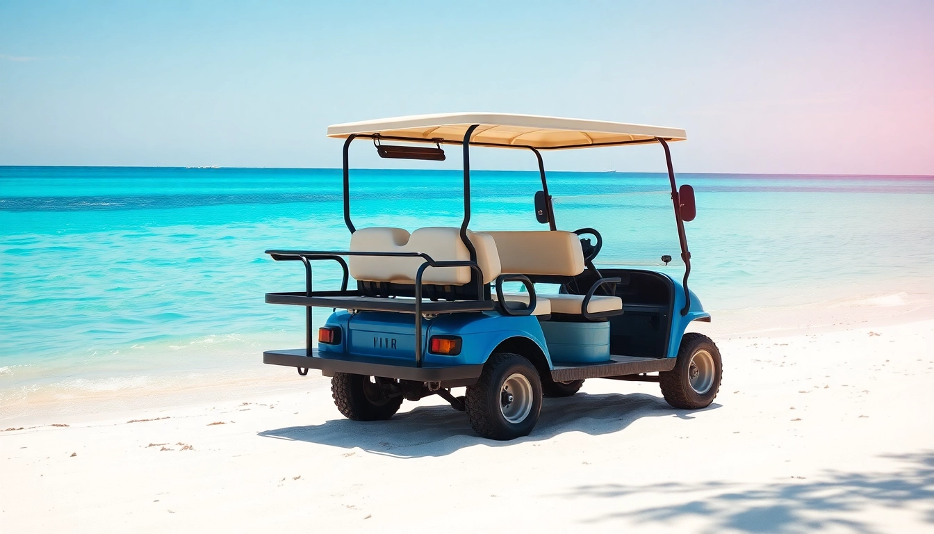 Enjoy a San Pedro Belize Golf Cart Rental parked on a sandy beach under a vibrant blue sky.