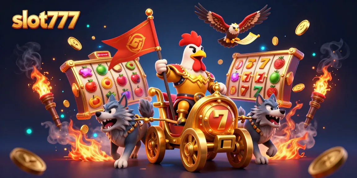 Engage with slot777 excitement featuring a cartoon rooster warlord and spinning slot reels.