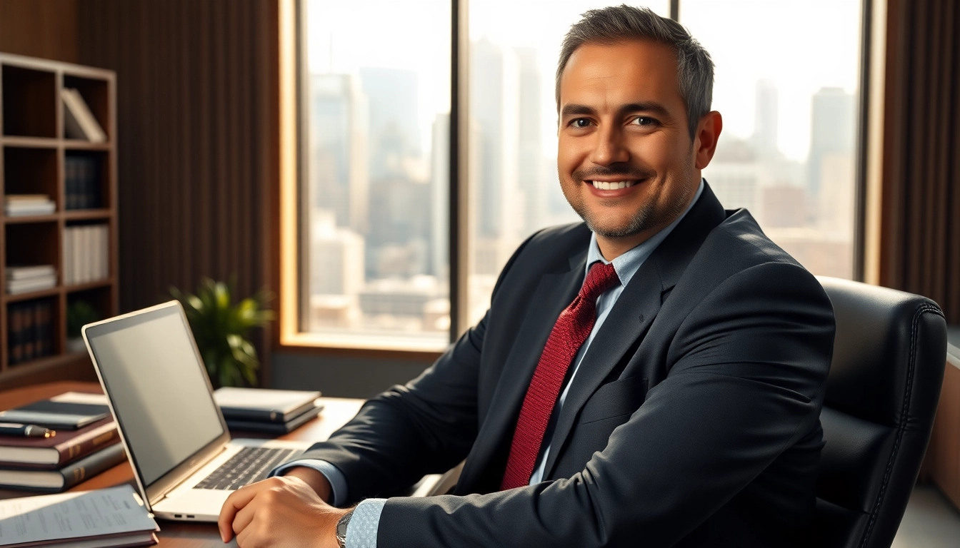 A New York City Personal Injury Lawyer consulting in an office with a skyline view.