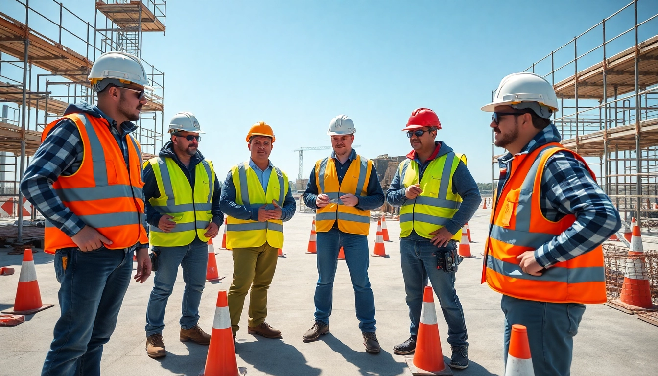 Participants in construction safety training performing exercises on-site while wearing safety gear.