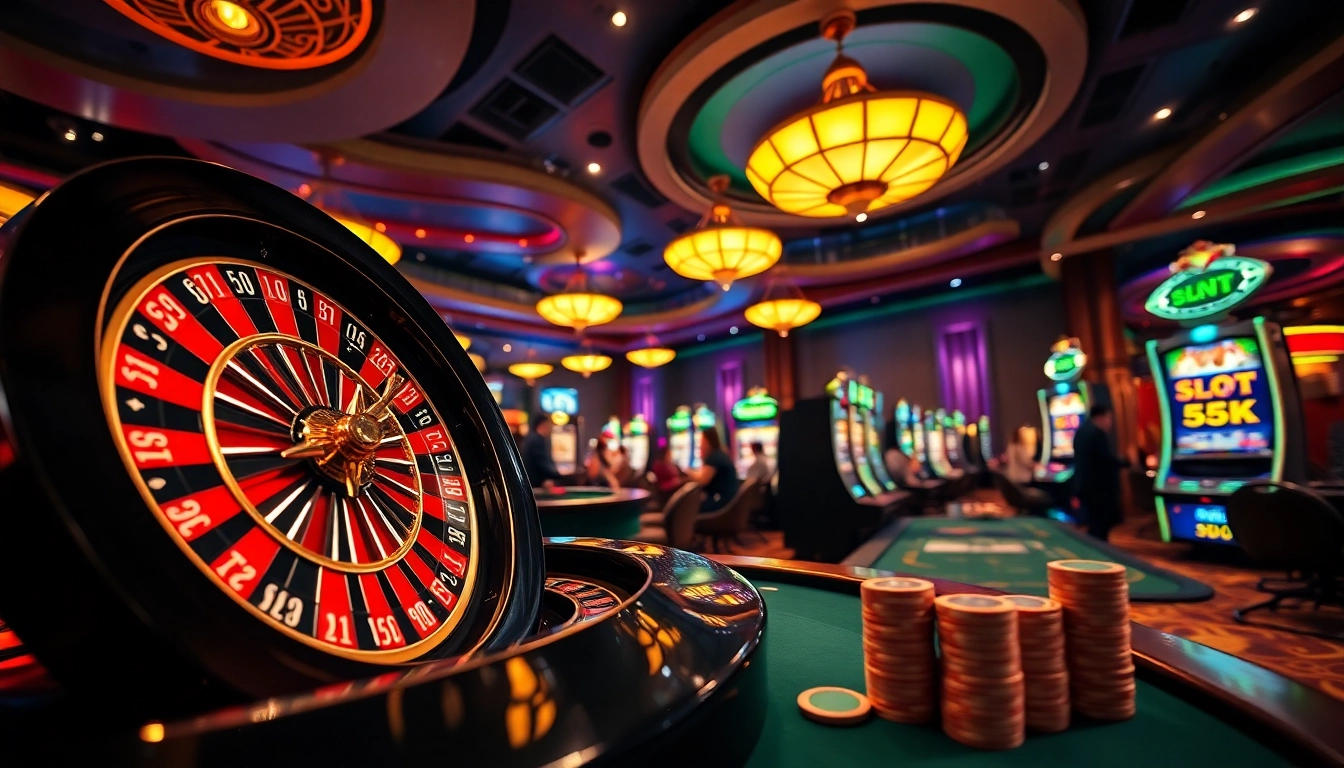 Experience the thrill of slot depo 5k at a luxury casino with vibrant slot machines and roulette tables.