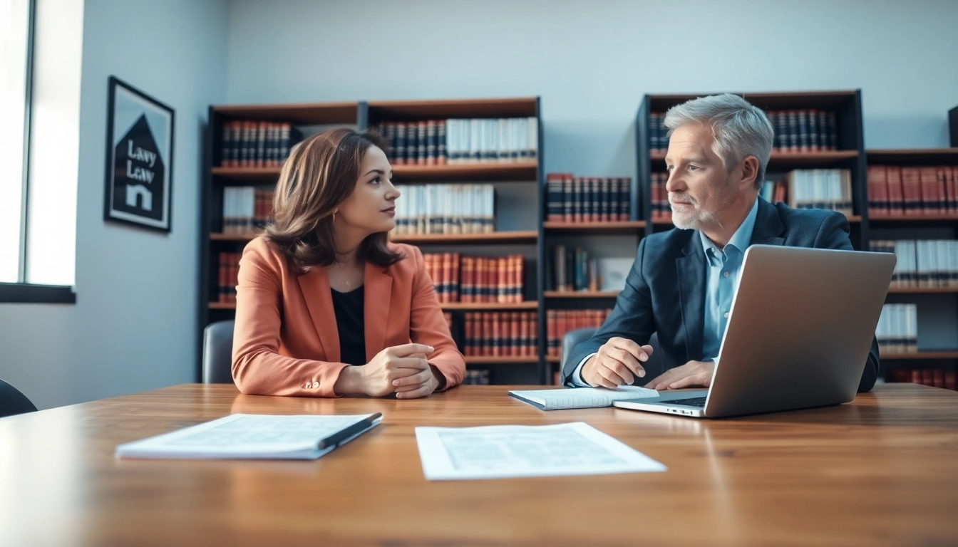 Sarasota injury lawyer discussing legal options with a client in a modern office.