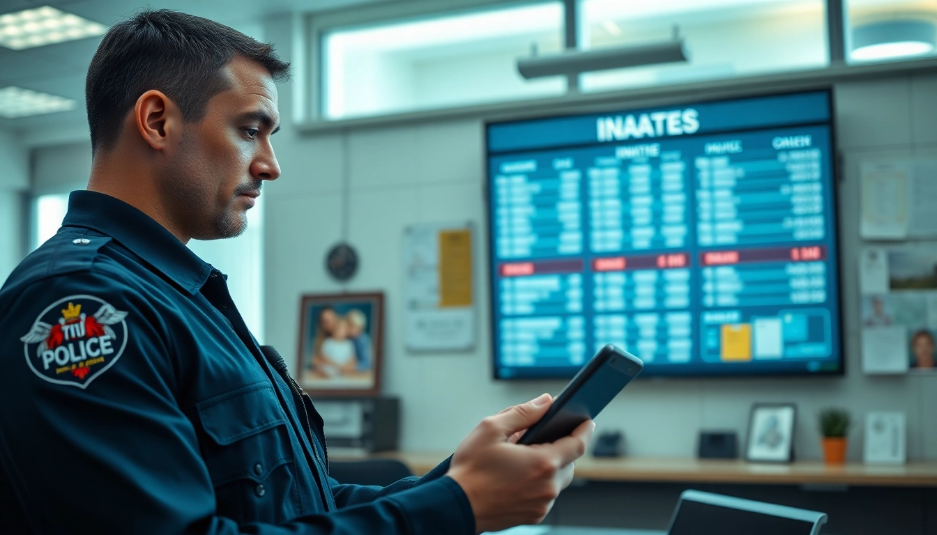 Search results for Anaheim inmate search displayed by an officer in a police station.