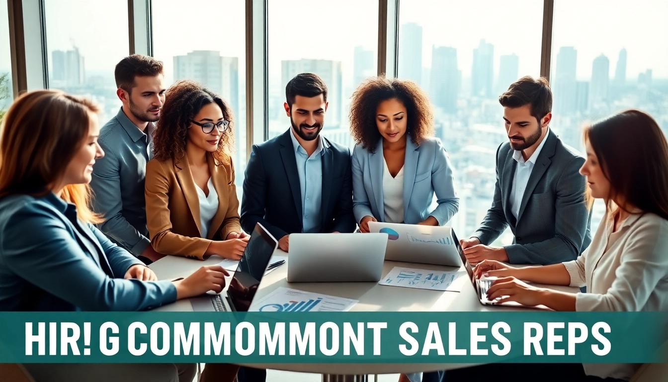 Engagement of a professional team to hire commission sales reps effectively in a modern office.