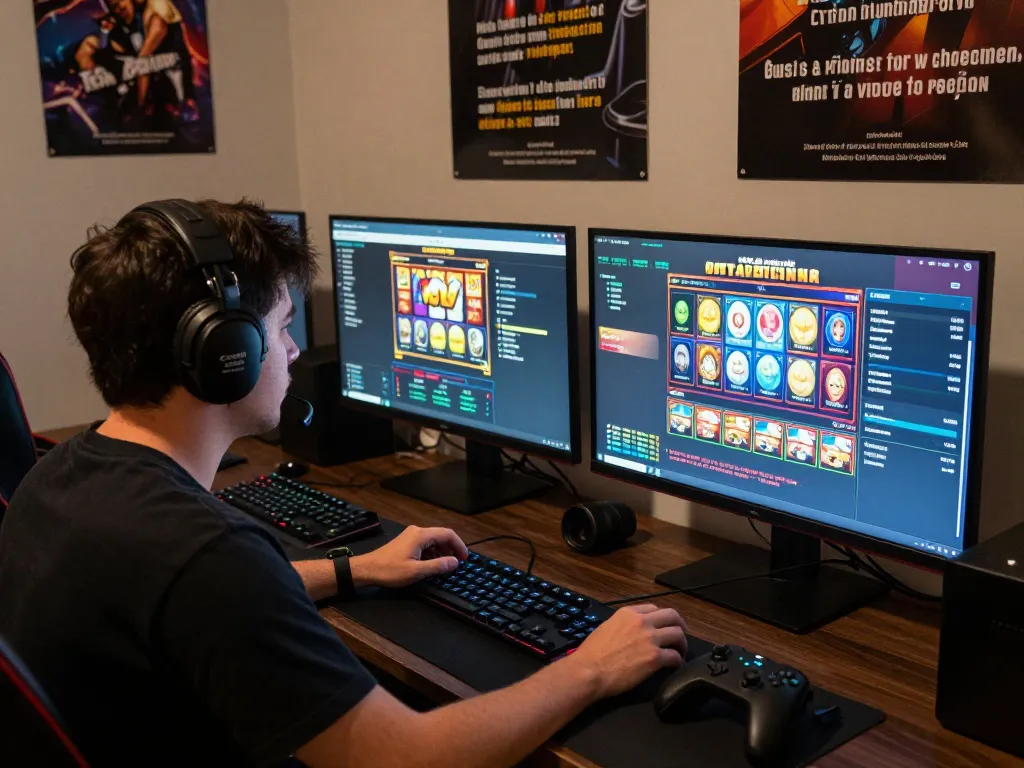 Online gaming with bayitoto strategies, player focused on multiple screens in cozy office