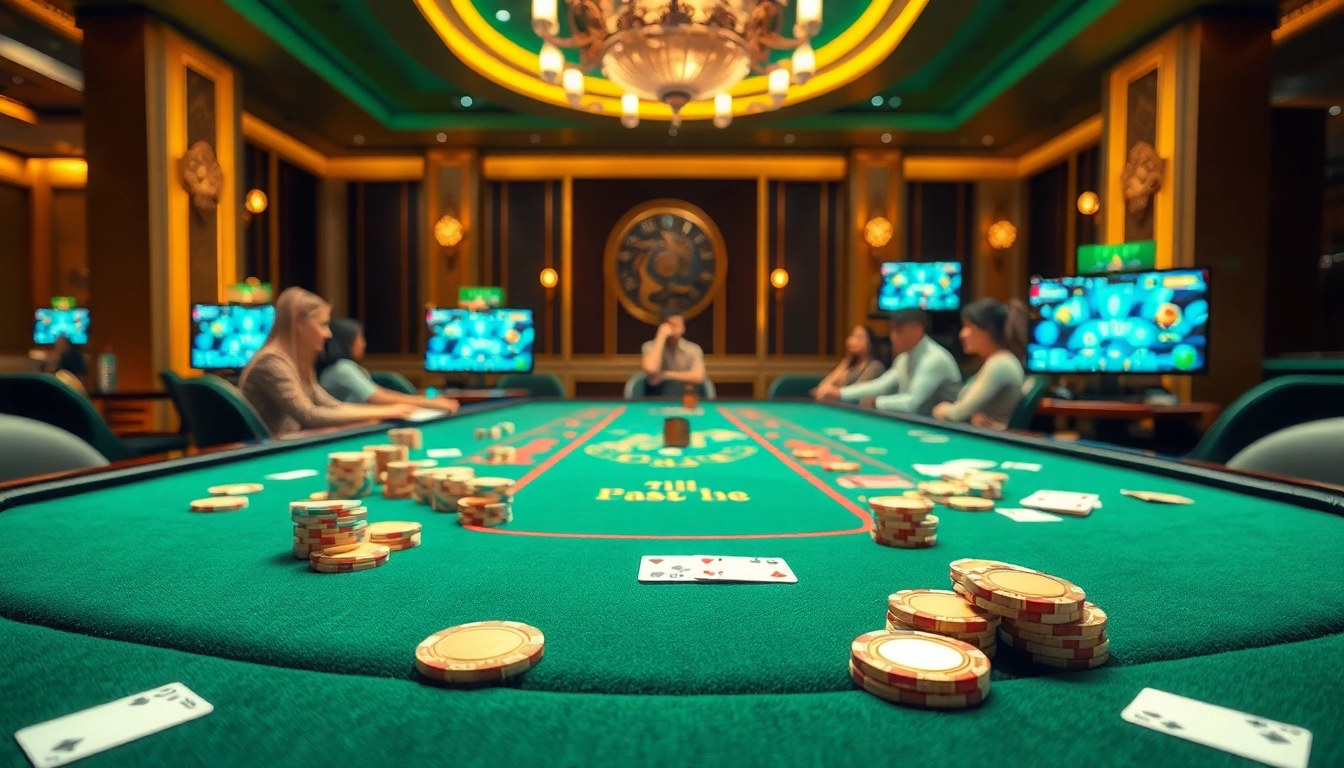Permainan poker di Online Casino Malaysia dengan suasana mewah dan pemain yang teruja.
