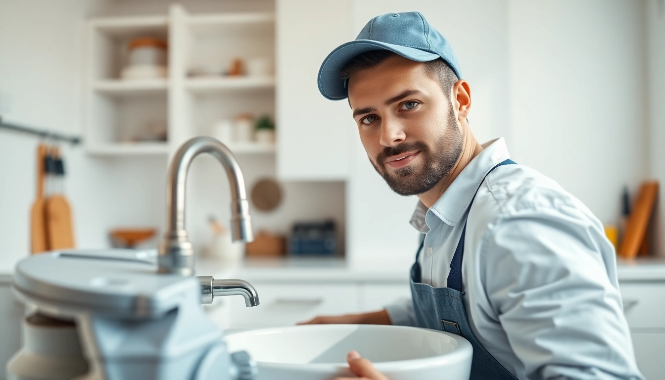 Local plumber inspecting a sink in a bright kitchen, showcasing professional tools.