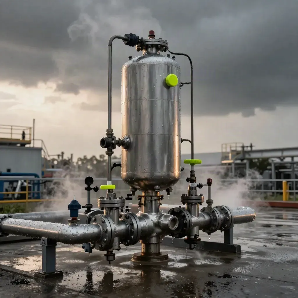 Carbon-capture test skid on wet concrete with steam, rain beads, and soft late light.