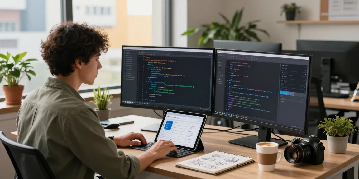 Dynamic tech workspace with developer coding on AI chatbot, emphasizing crush on ai technology.
