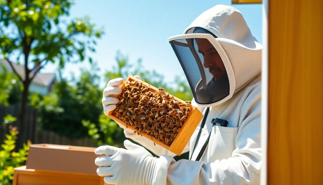 Safe honey bee hive removal conducted by a professional beekeeper in a residential area.