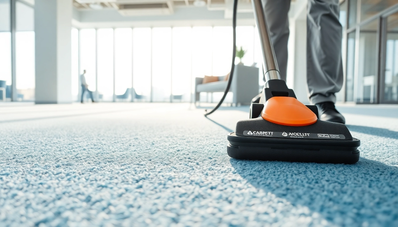 Engaging commercial carpet cleaning scene showcasing a technician revitalizing an office space.
