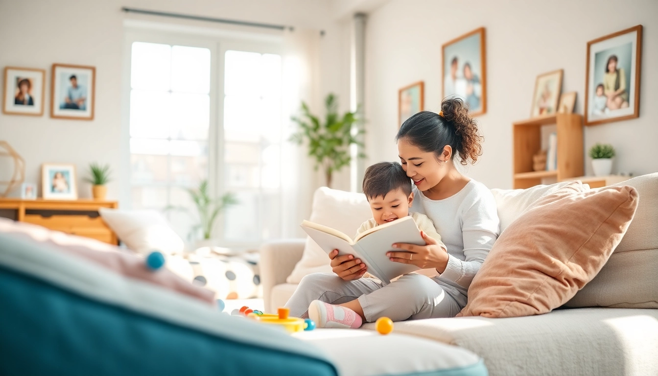 Full-time Nanny Dubai reading a story with a child in a cozy living room.