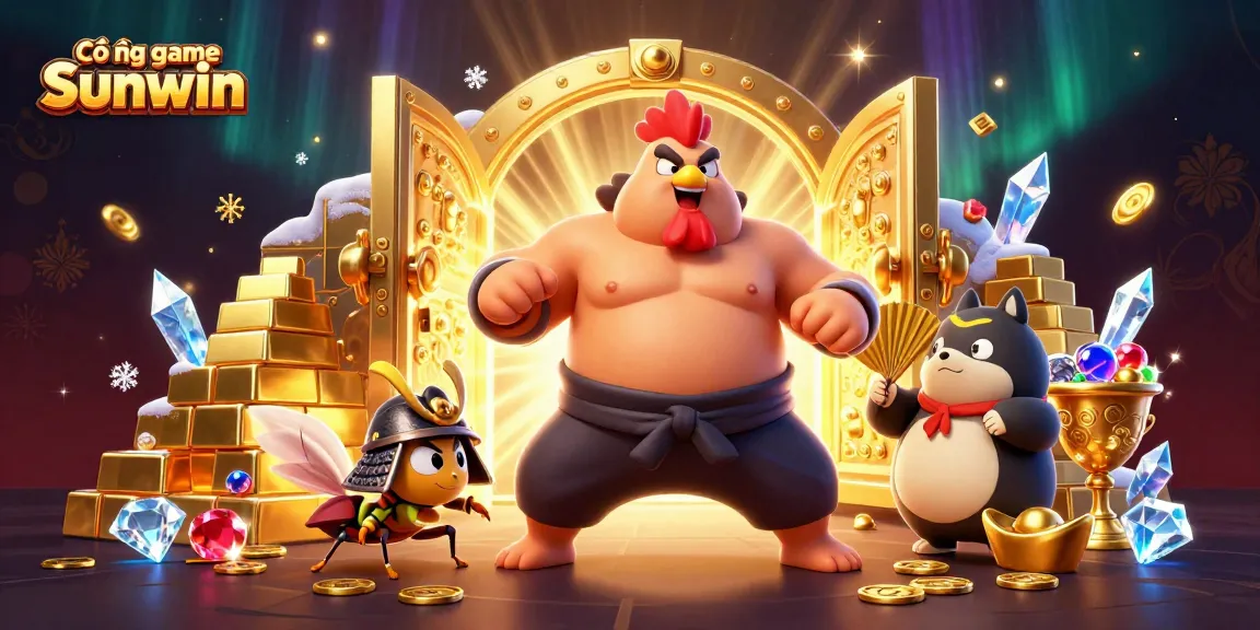 Cổng game Sunwin showcases a powerful sumo rooster and a fierce cricket amidst treasure and jackpots in vibrant casino art
