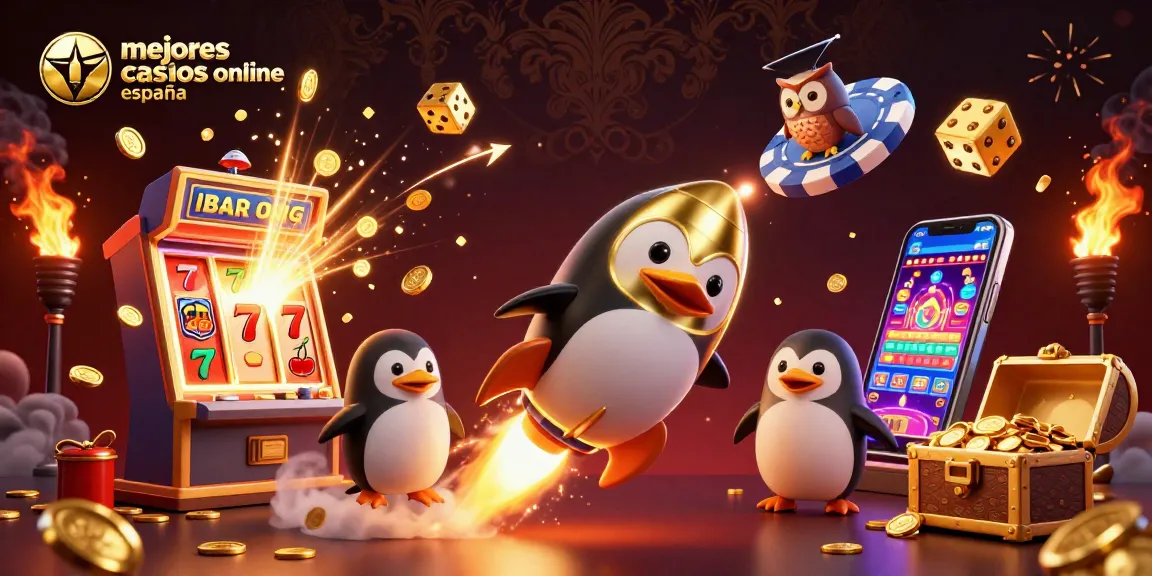 Mejores casinos online en España en una ilustración dinámica con un pingüino dorado y elementos de juego.